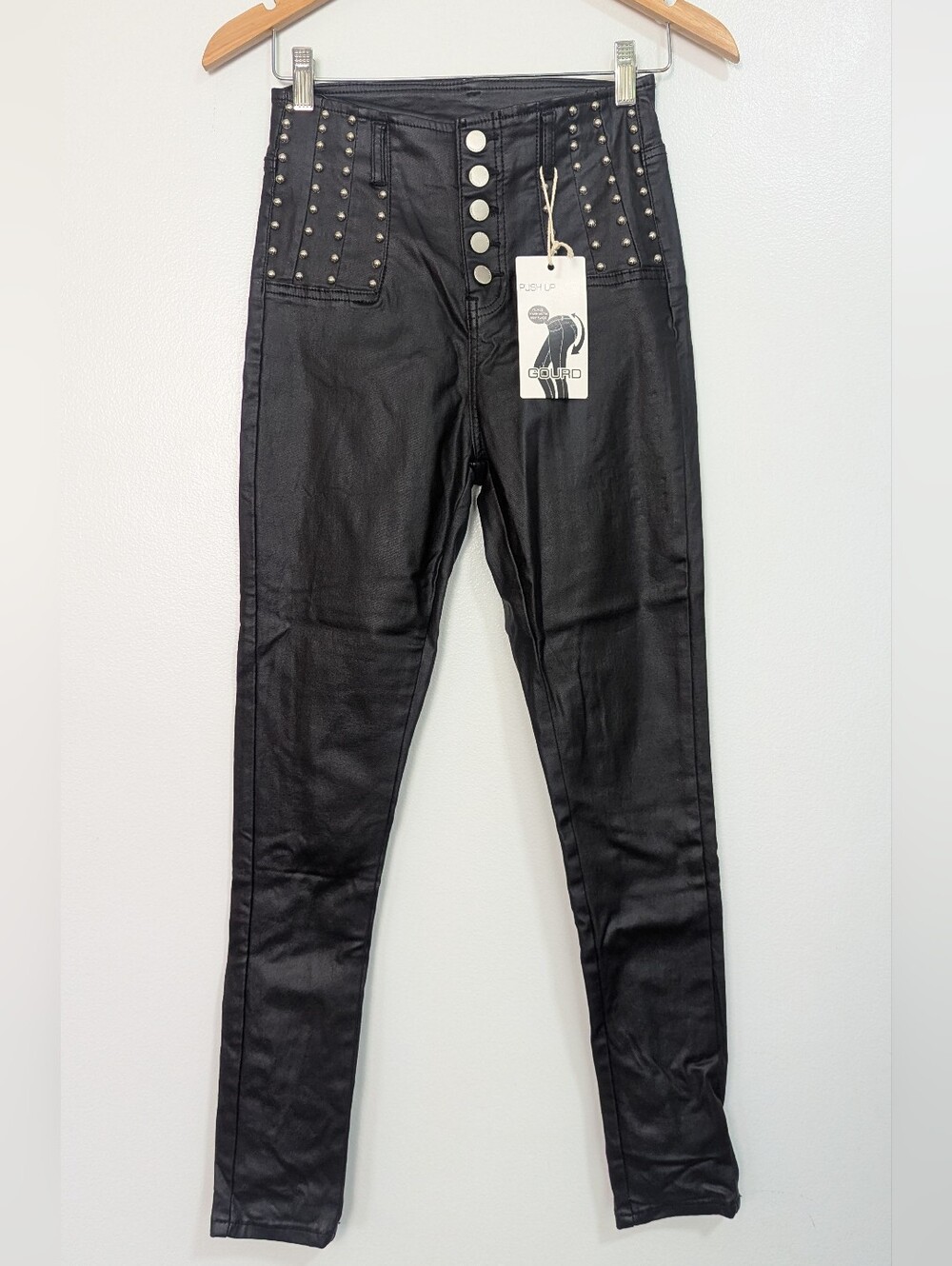 Gourd NWT Black Faux Leather‎ High Waisted Studded Button Fly Skinny Pants XL